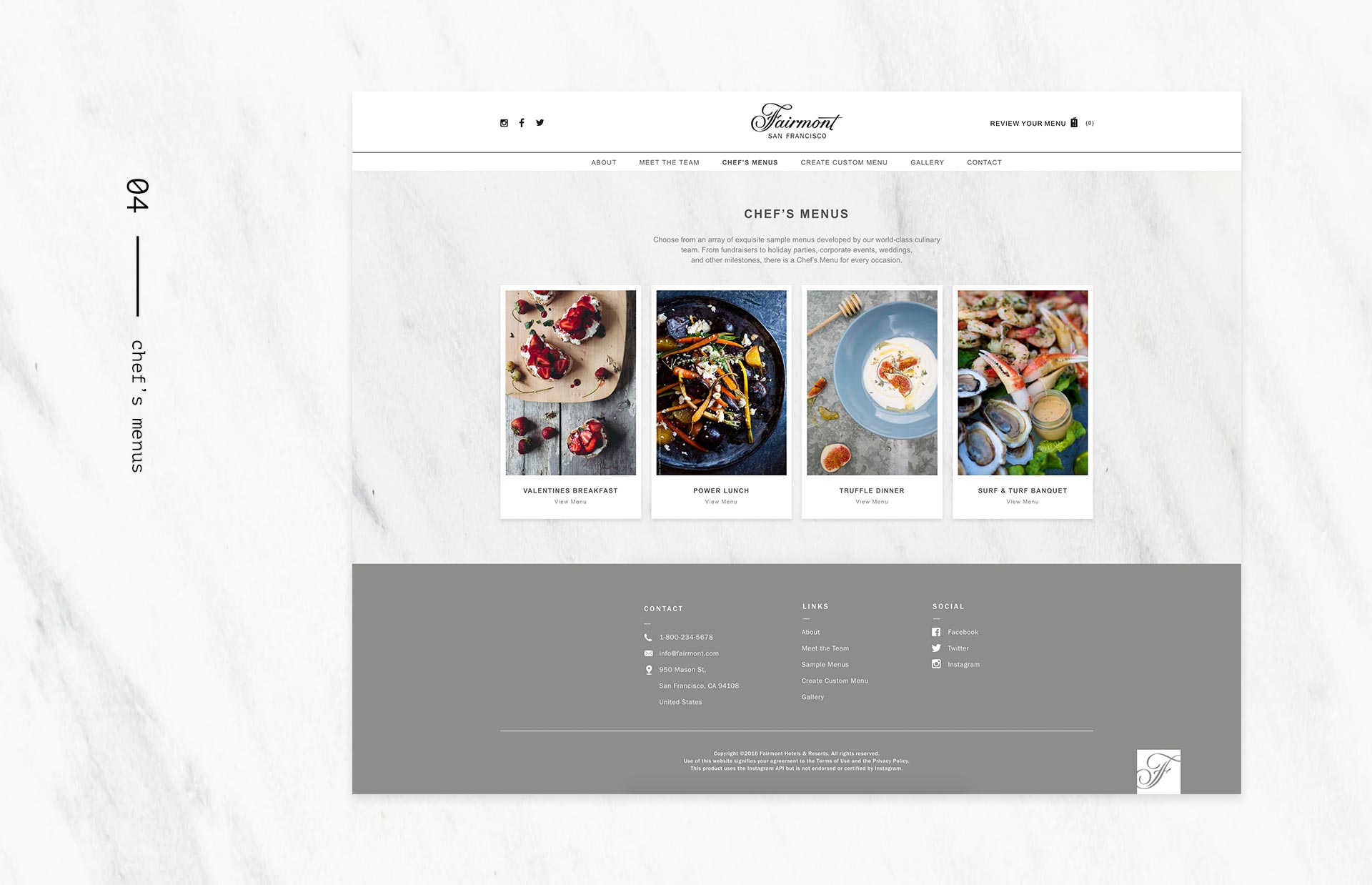 Fairmont site - desktop: chef's menu page