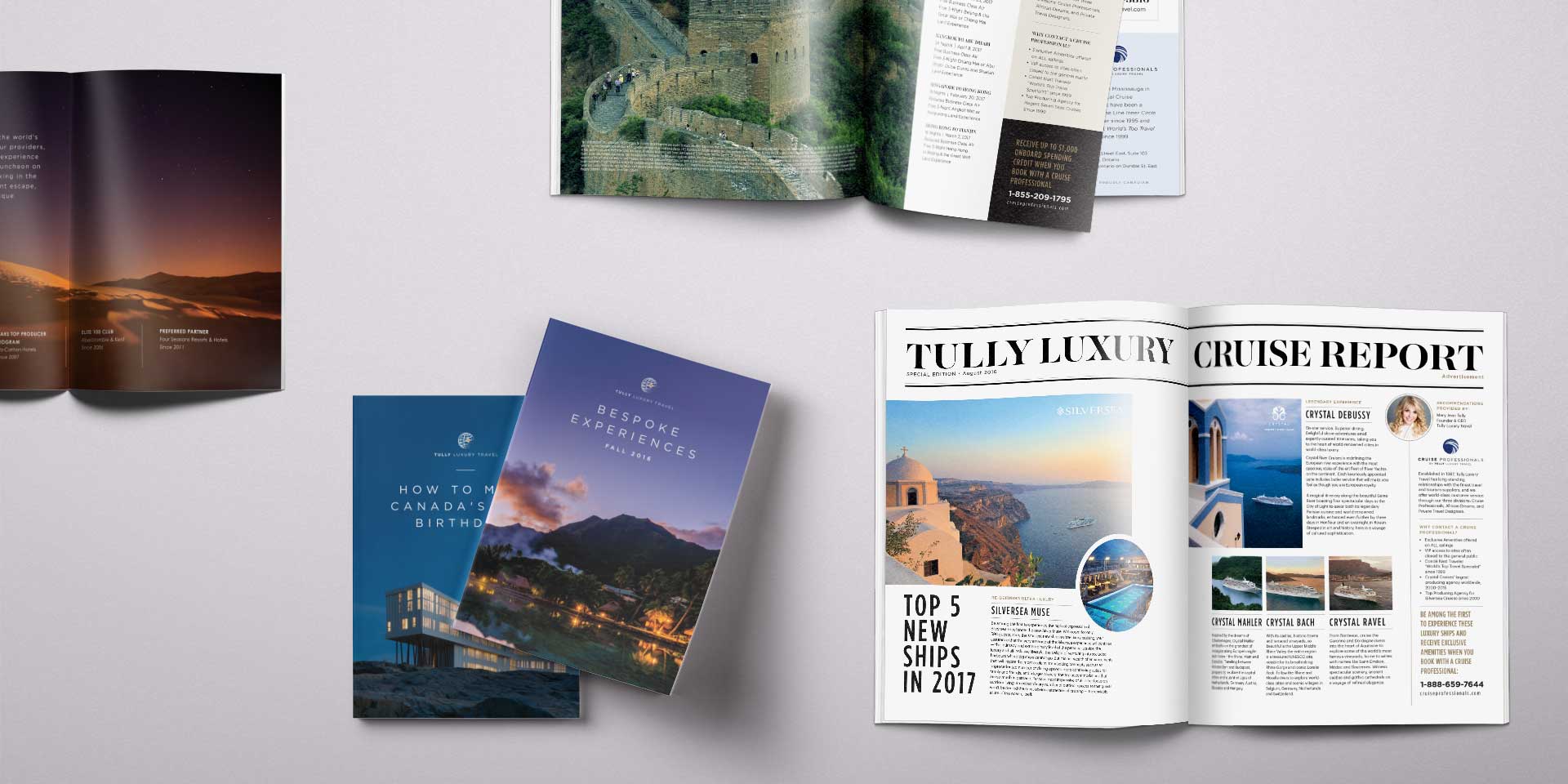 Various print pieces for Tully Luxury Travel: magazine ads, advertorial, direct mailers
