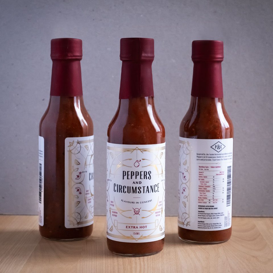 Peppers and Circumstance: Extra Hot bottles lined up to show full label